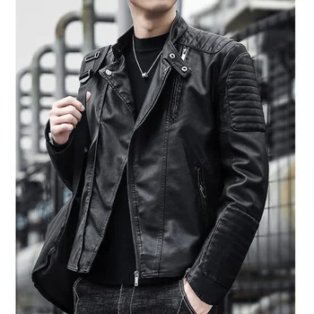 Брендовая одежда Мужская Приталенная куртка Модные Однотонные Мотоциклетные Зимние куртки Chaqueta Hombre Ветрозащитное Черное Кожаное пальто