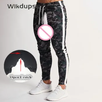 бегунов брюки мужчины камуфляж спортивный костюм, сексуальный невидимый двойной молнии с открытой промежностью брюки тренировочные брюки повседневные узкие панталон