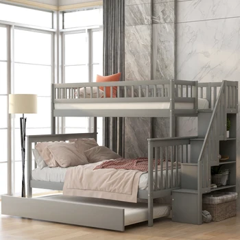 Двуспальная Двухъярусная кровать с выдвижным ящиком и лестницей, Мебель для спальни / Комнаты для гостей, Компактный дизайн, для детей, Подростков, Серый