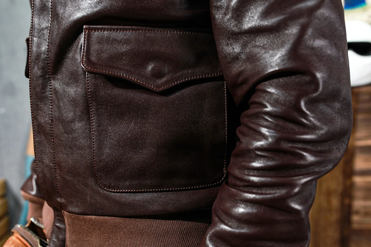 Тупая бритва, классическая короткая куртка из лошадиной кожи A2 ВВС, винтажное мужское пальто с отворотом из натуральной кожи цвета Хаки - 4
