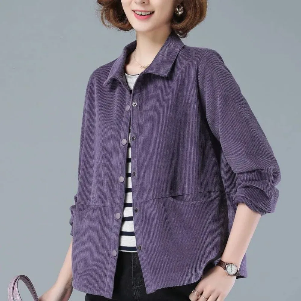 Весенняя вельветовая свободная женская куртка, повседневное Корейское тонкое пальто с длинным рукавом, простая верхняя одежда Wild, верхняя рубашка, Chaqueta, Новая женская куртка - 5