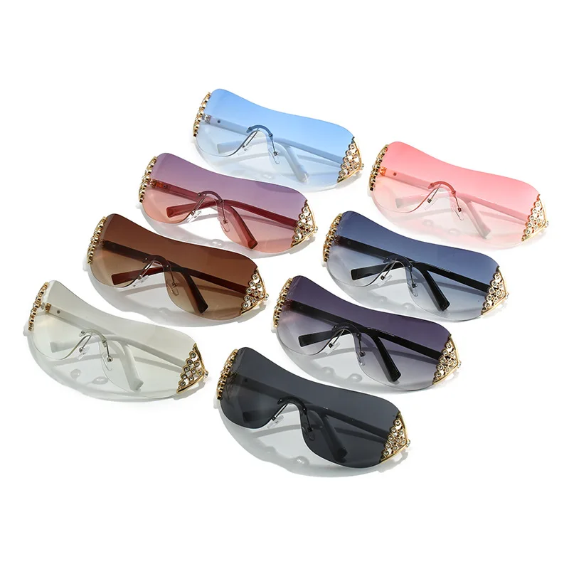 Роскошные солнцезащитные очки One Piece Женская мода Солнцезащитные очки с бриллиантами для женщин со стразами Солнцезащитные очки Y2k без оправы винтажных оттенков UV400 - 5