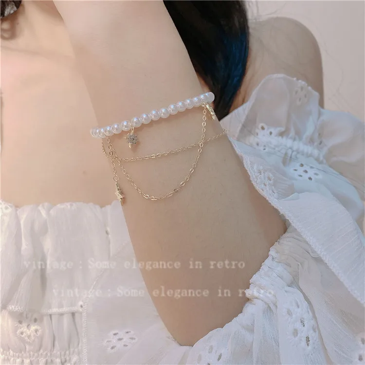 Темперамент Мода Простая кисточка Жемчужный двухслойный браслет-цепочка с пентаграммой для женщин Эстетические аксессуары Harajuku Sweet Cool - 2