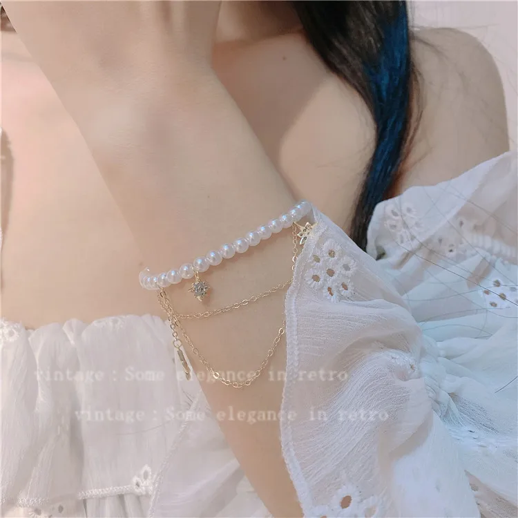 Темперамент Мода Простая кисточка Жемчужный двухслойный браслет-цепочка с пентаграммой для женщин Эстетические аксессуары Harajuku Sweet Cool - 3