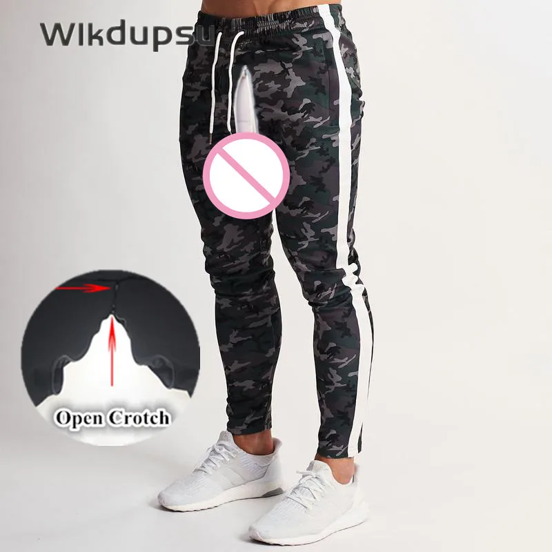 бегунов брюки мужчины камуфляж спортивный костюм, сексуальный невидимый двойной молнии с открытой промежностью брюки тренировочные брюки повседневные узкие панталон - 0
