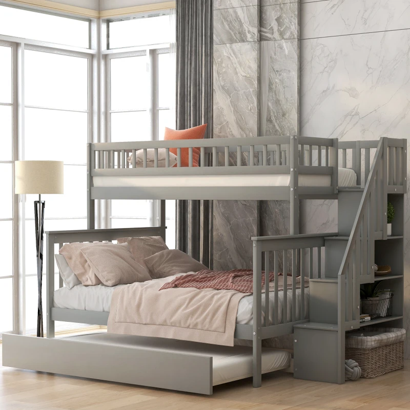 Двуспальная Двухъярусная кровать с выдвижным ящиком и лестницей, Мебель для спальни / Комнаты для гостей, Компактный дизайн, для детей, Подростков, Серый - 0