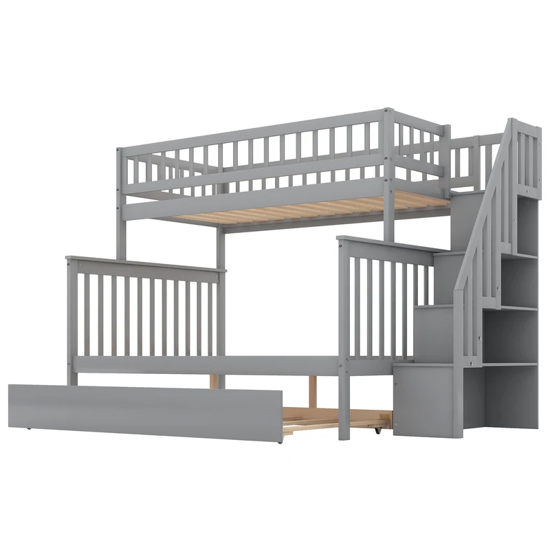 Двуспальная Двухъярусная кровать с выдвижным ящиком и лестницей, Мебель для спальни / Комнаты для гостей, Компактный дизайн, для детей, Подростков, Серый - 2
