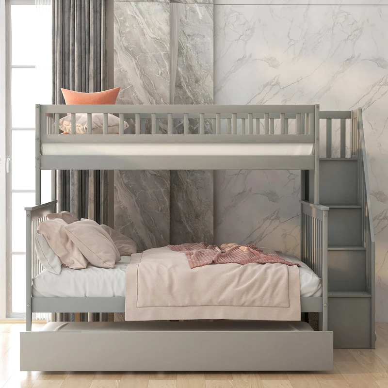 Двуспальная Двухъярусная кровать с выдвижным ящиком и лестницей, Мебель для спальни / Комнаты для гостей, Компактный дизайн, для детей, Подростков, Серый - 3