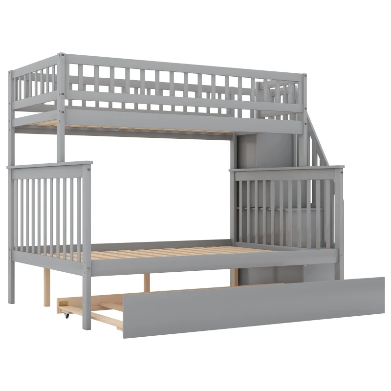 Двуспальная Двухъярусная кровать с выдвижным ящиком и лестницей, Мебель для спальни / Комнаты для гостей, Компактный дизайн, для детей, Подростков, Серый - 4