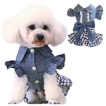 Джинсовое платье для маленьких/средних/крупных собак, весенне-летнее платье с бантом для домашних животных, уличная одежда в плюшевую клетку, прочная модная одежда для собак