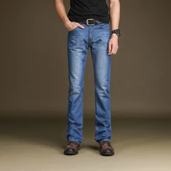 Мужские джинсы для работы, классический прямой крой, эластичные расклешенные джинсы, облегающие повседневные синие брюки, длинные брюки, Бесплатная доставка