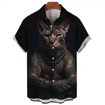 Летняя новая гавайская рубашка, мужская рубашка, свободные топы на каждый день, черные повседневные модные топы с 3D принтом в виде животного кота