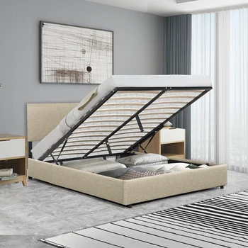 Кровать-платформа с обивкой из постельного белья полного размера / Queen Size с гидравлической системой хранения для внутренней мебели для спальни