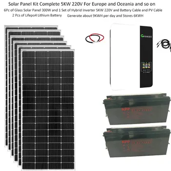 Солнечная система В комплекте 5000 Вт 5 кВт 220 В Однофазная Солнечная панель 300 Вт Литиевая батарея Lifepo4 Гибридный инвертор Growatt Автономный дом