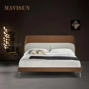 Двуспальная кровать в итальянском стиле King Size, Плотная Мягкая упаковка, Дизайнерский кожаный комплект мебели для спальни, Минималистичная кровать из массива дерева на 2 персоны