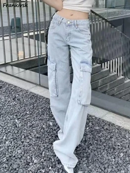 Женские джинсы в стиле ретро, летние карманы в американском стиле, отбеленная свободная осенняя одежда, брюки-карго, модная уличная одежда для отдыха