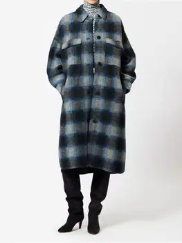 Женское шерстяное пальто средней длины в клетку, новинка 2023 года, осенне-зимнее женское однобортное пальто с логотипом сзади, теплая верхняя одежда с двойными карманами