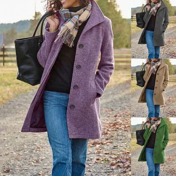 Женская однотонная винтажная шерстяная куртка средней длины на пуговицах, женское шерстяное пальто, женское пальто, зимнее шерстяное пальто с воротником-стойкой, женское