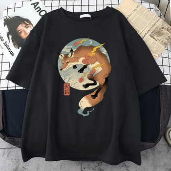 Мужская футболка с японским принтом Fire Cartoon Fox, Кавайная милая одежда Harajuku, повседневная мужская рубашка с круглым вырезом, мужские футболки Оверсайз