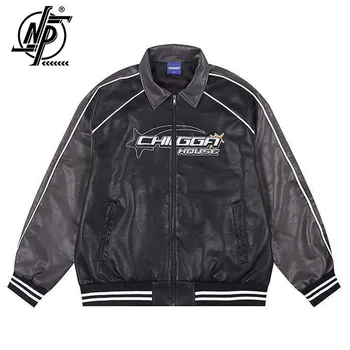 Мотоциклетная куртка из искусственной кожи Мужская 2023 Осень Унисекс в лоскутную полоску, Свободная бейсбольная куртка-бомбер, верхняя одежда, повседневное винтажное пальто 2023