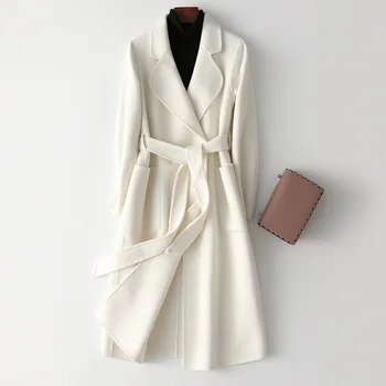 Женское утепленное Двустороннее кашемировое пальто, Однотонное шерстяное пальто с тонким карманом и поясом, осень-зима 2023, Модное пальто в простом стиле