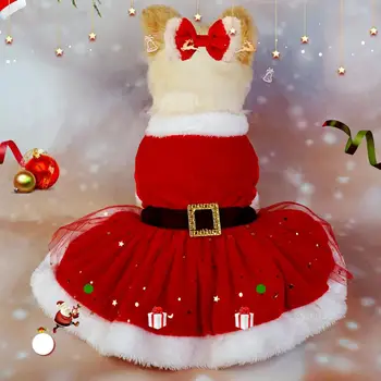 Блестящее сетчатое платье для домашних животных, рождественское платье для домашних животных, праздничное платье для домашних животных, блестящий костюм Санты с лентой для волос, для рождественских фотографий Легко