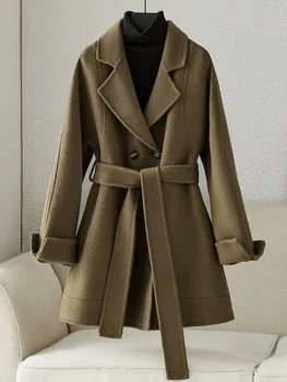 Осень/зима 2023, Новое двустороннее кашемировое пальто, женское Маленькое короткое шерстяное пальто на шнуровке в Корейском стиле высокого класса.