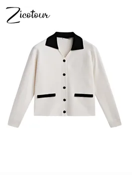 2023 Элегантные укороченные пальто для женщин, Короткий кардиган, вязаный на пуговицах, куртки-свитера, Офисная женская официальная верхняя одежда с отложным воротником