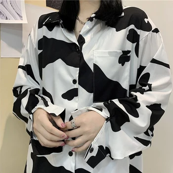 Черно-белый молочный принт, свободный Харадзюку средней длины, крупный силуэт, новинка 2023 года, женская верхняя одежда в стиле ретро унисекс, рубашка