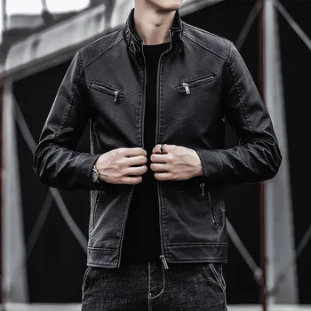 Мужская куртка из искусственной кожи, мужская модная молодежная мотоциклетная кожаная куртка в стиле панк со стоячим воротником