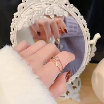Набор меди в стиле INS, открытое кольцо с цирконом, легкое роскошное и изысканное кольцо с бабочкой на указательном пальце для женщин, регулируемое и обозначаемое