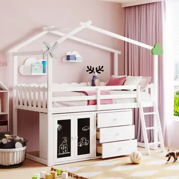 Белая двухспальная домашняя кровать с тумбочкой и выдвижными ящиками, легко монтируемая для мебели для спальни в помещении