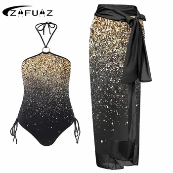 ZAFUAZ 2023 Сексуальный черный купальник со звездным принтом, цельный бикини с завязками на шее, тонкие женские купальники, пляжная одежда с нерегулярным ремешком, прикрытие