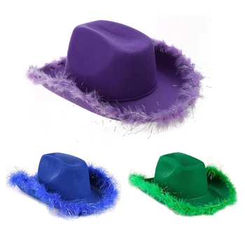 Модная ковбойская шляпа с пером; Фетровая шляпа-ковбойша; Шляпа для девичника; шляпа для свадебной вечеринки; Западная ковбойская шляпа; реквизит для девичника.