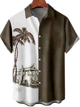 Рубашки с изображением кокосовой пальмы для мужчин, Гавайские пляжные рубашки с 3D принтом, топы y2k с коротким рукавом, винтажная одежда, блузка с лацканами