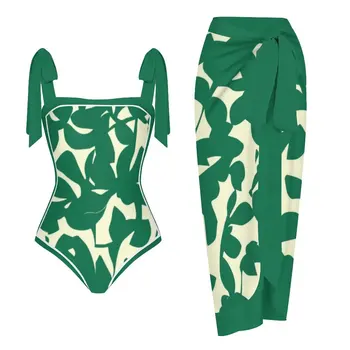 Цельный пляжный купальник на бретельках, Сексуальный, Квадратный вырез, Выдалбливание, Облегающее бикини, Прямоугольная блузка, Пляжная юбка, Зеленый принт, 2023