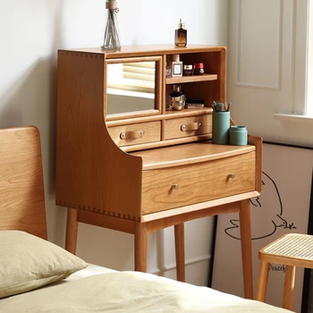 Простой стол из массива вишневого дерева для спальни, минималистичный туалетный столик для макияжа для девочек, современный встроенный шкаф для хранения в скандинавском винтажном стиле