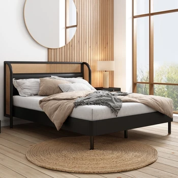 Черная современная двуспальная кровать на платформе из ротанга Cannage, простая в сборке, прочная и долговечна для мебели для спальни в помещении.