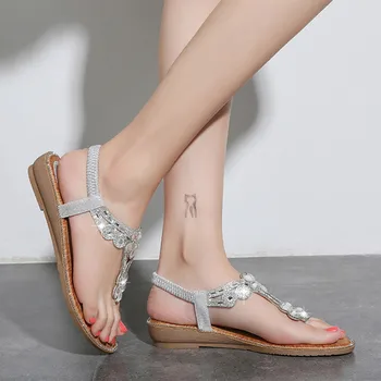 Повседневная пляжная летняя обувь с блестящими цветами и кристаллами Женские сандалии, модная обувь в богемном стиле, Эластичная лента, Удобная уличная женская обувь