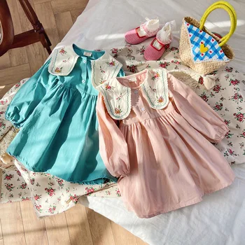Весенне-осеннее платье для девочек 2023 Новая Модная Одежда с вышивкой Для детей Платье принцессы Хлопковое Детское Повседневное платье с длинными рукавами