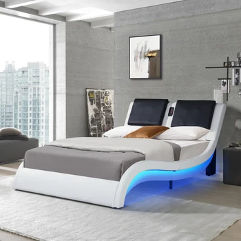 Каркас кровати-платформы, обитый кожей, со светодиодной подсветкой, подключением Bluetooth для воспроизведения музыки / управлением RGB