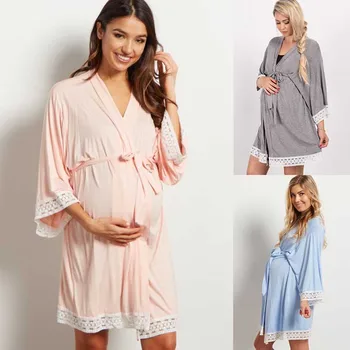 Носите кружевную однотонную одежду для беременных, пижамное платье для кормления, модную мягкую пижаму с рукавом Семь четвертей и уздечкой.