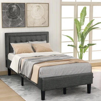 Кровать-платформа с двойной обивкой на пуговицах и прочной деревянной планкой серого цвета [US-W]