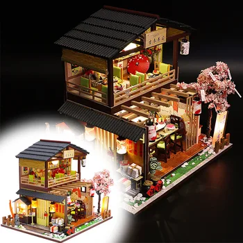 Кукольный домик своими руками Yoshimoto Sushi Shop Деревянное здание ручной работы, модель Дома с мебелью, Миниатюрные кукольные домики, игрушки