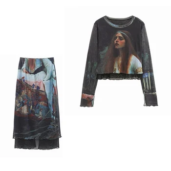 Осенний новый женский комплект из шелковой сетки с принтом в стиле ретро, универсальный топ, юбка с высокой талией