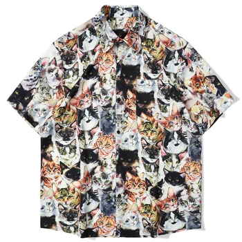 Летняя рубашка с коротким рукавом, дышащая гавайская пляжная одежда, рубашки с принтом милого кота, мужская повседневная блузка