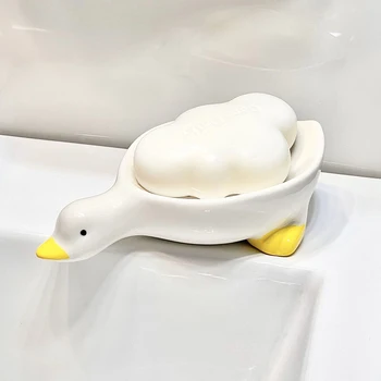 Керамическая сливная мыльница в форме милой мультяшной Утки Держатель мыла для душа в ванной Губка для хранения Сливной ящик для принадлежностей для ванной комнаты